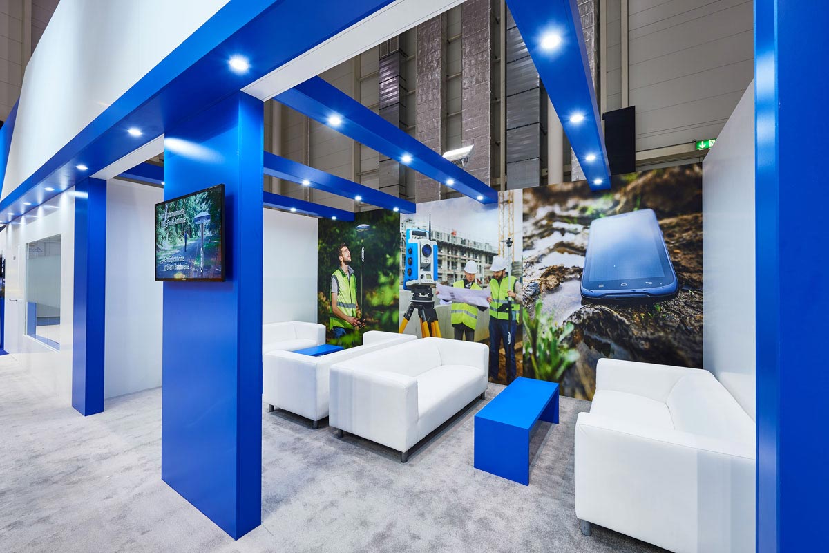 bright blue trade show exhibit