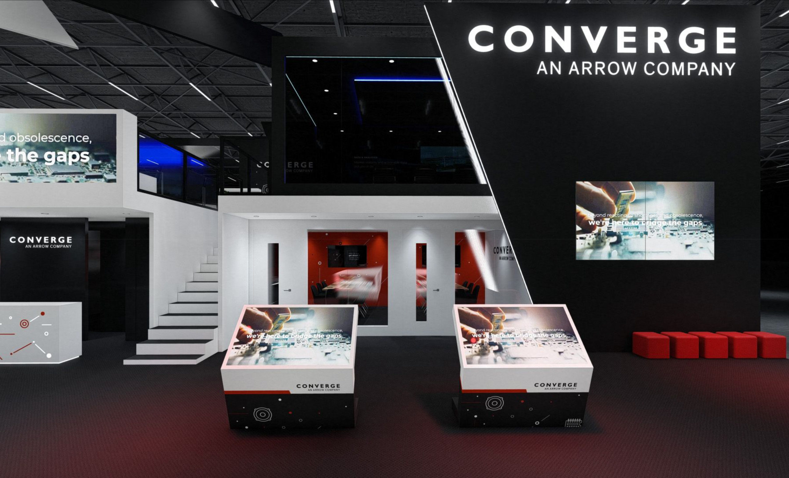 Interactive kiosks and branded wall in Converge custom trade show exhibit display