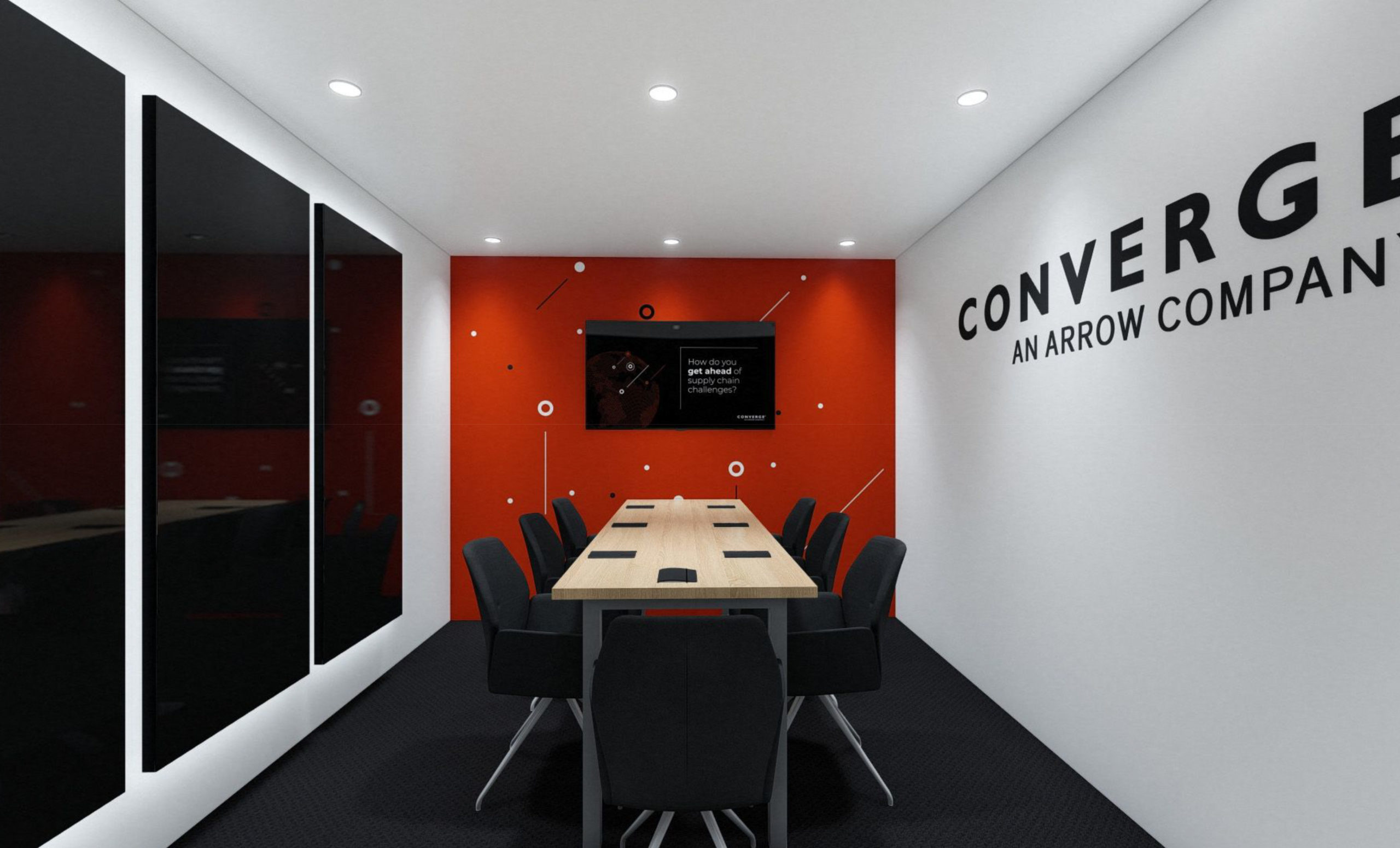 Private conference room in Converge trade show exhibit display with bold red wall