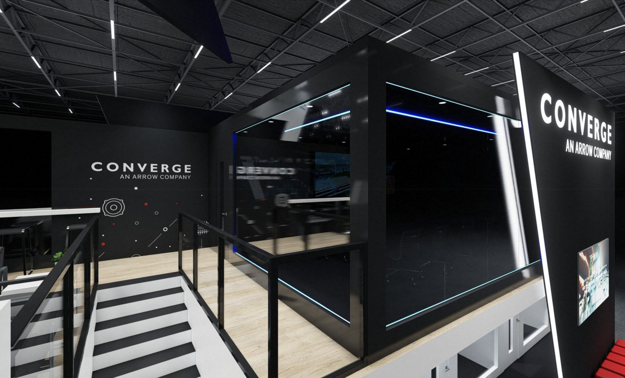 Staircase view leading to second floor in Converge trade show exhibit display