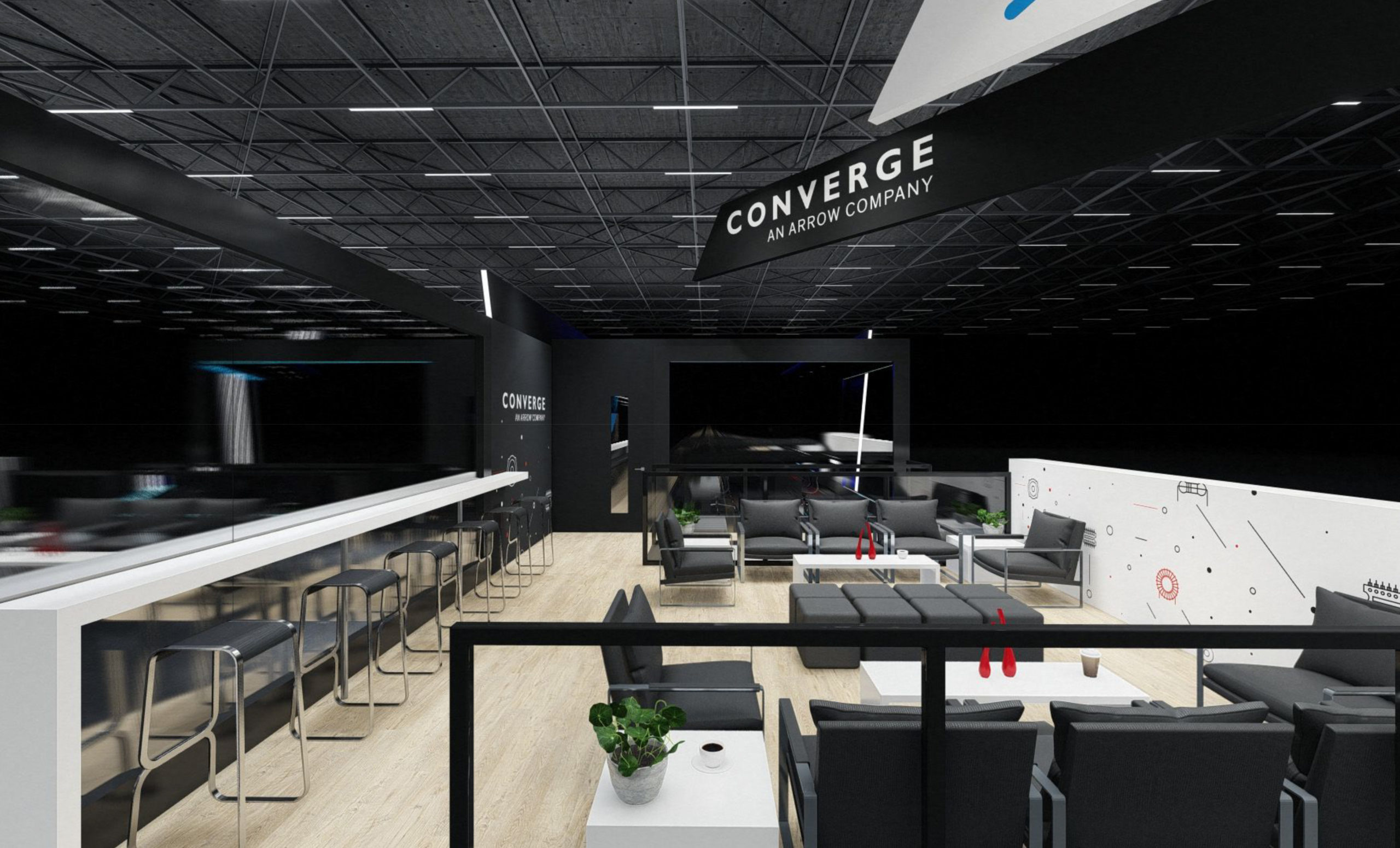 Lounge and bar area inside Converge custom trade show exhibit with wood flooring