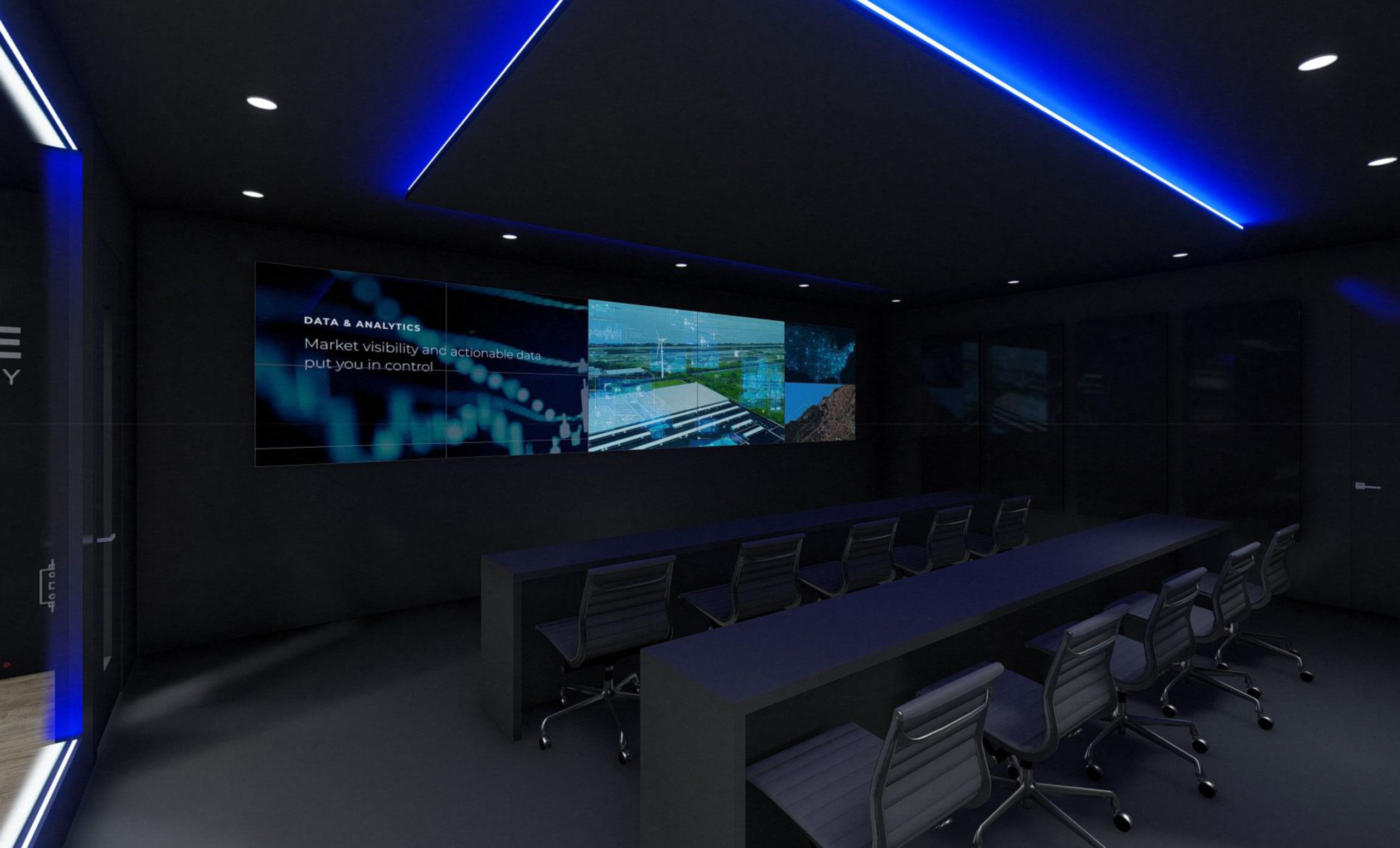 Dark conference room setup with screen wall in Converge custom trade show display