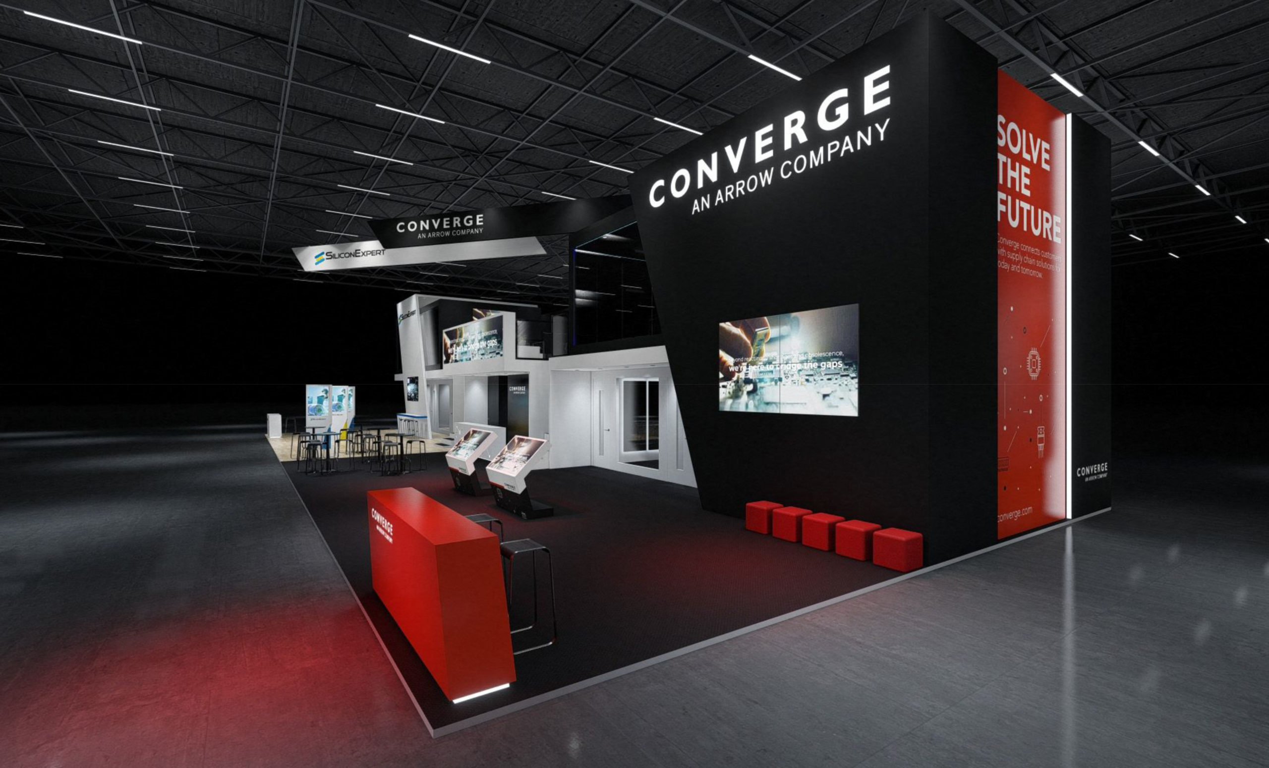 Wide view of Converge custom trade show exhibit display with illuminated branding