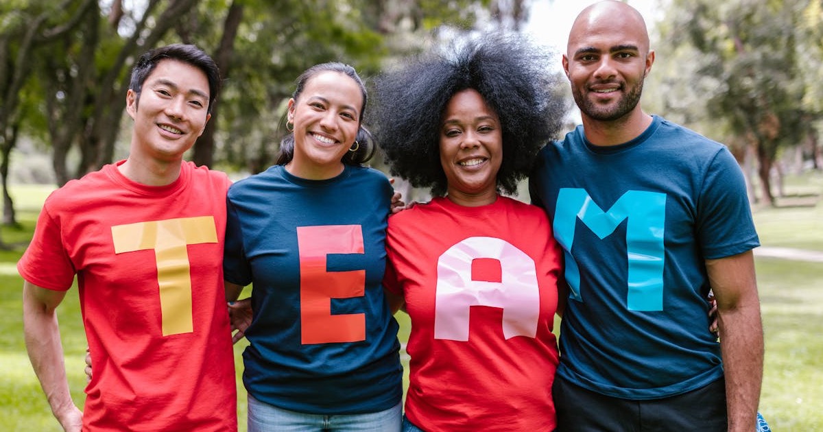 Group of people who are team building